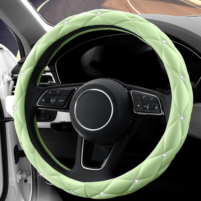 Cute Diamond Soft Leather Anti-Slip Steering Wheel Cover with Bling Bling Crystal Rhinestones, Universal 15 Inch for Women Girls, Fit Vehicles, Sedans, SUVs, Vans, Trucks - Neon Green