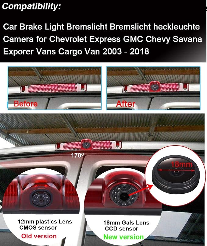 HD IP68 Third Roof Mount Brake Lamp Rear View Reverse Backup Camera Angle and Distance Adjustable Compatible with Chevrolet Express GMC Chevy Savana Exporer Cargo Van (Reversing Camera)