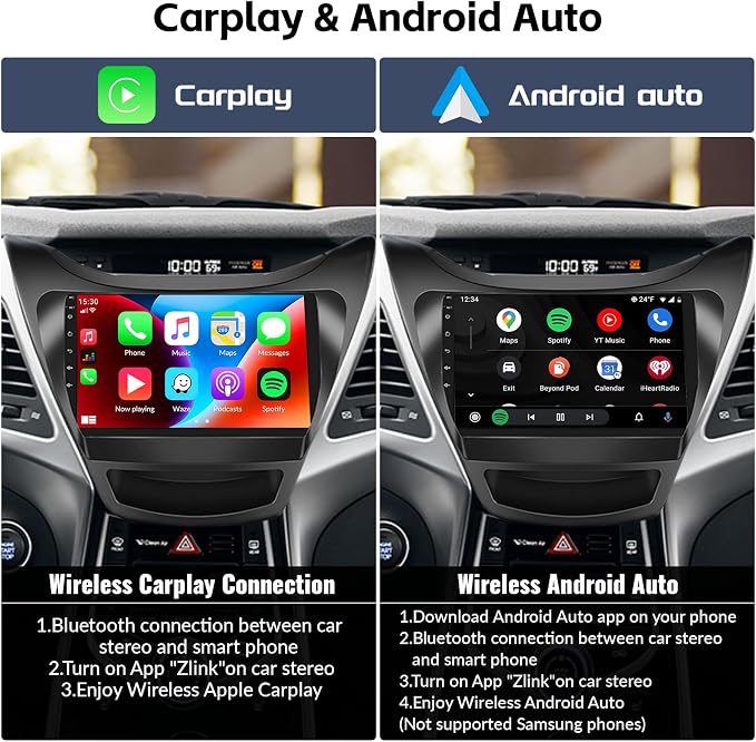 2G+64G Android Car Stereo for Hyundai Elantra 2011 2012 2013 with Wireless CarPlay Android Auto Mirror Link 9 Inch Touchscreen Bluetooth GPS Navigation WiFi FM Backup Camera MIC