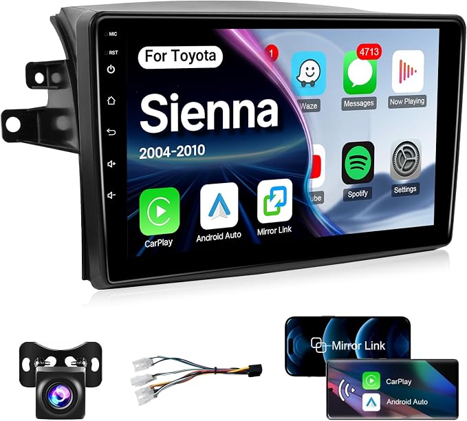 8 Core Radio for Toyota Sienna 2004-2010 Stereo Wireless Carplay Android Auto, 9” Touch Screen for Sienna Android Head Unit BT/Voice Control/GPS/WiFi/Camera/SWC/FM