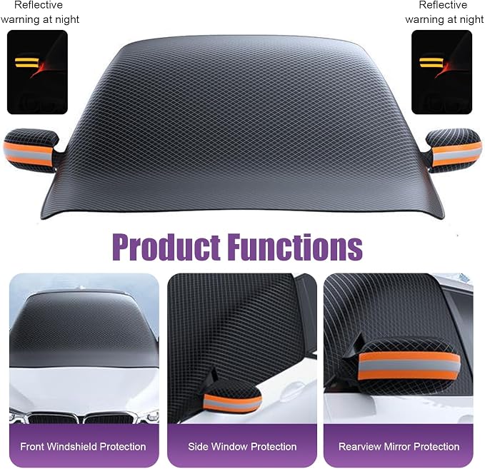 Car Windshield Snow Cover, Thickened Reflective Car Front Window Sun Protection, Secure Adsorption All-Season Windshield Snow Ice Cover with Side Window, Universal for Most Cars (Black)