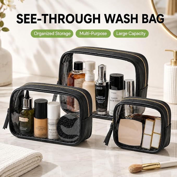 Clear Makeup Bags with Zipper, TSA Approved Travel Toiletry Bag,Clear Cosmetic Bag, Waterproof Make Up Bag for Women (Stand-up, Black, 1 Small + 1 Medium + 1 Large)