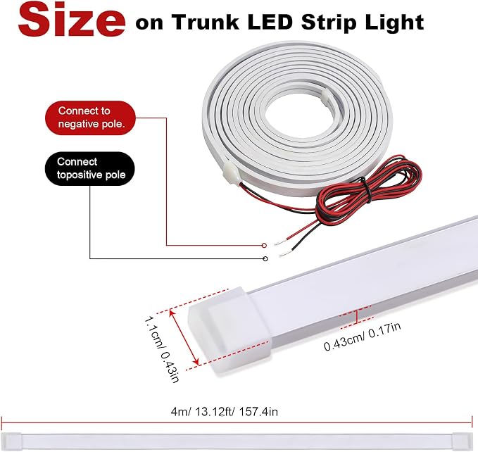 Car LED Strip Lights, 4m/13.12ft Waterproof Car Trunk Light Strip, Warm Color 3200k, Flexible Cutting Silicone, Auto On/Off, Low Voltage 12V LED Strip Lights for Cars