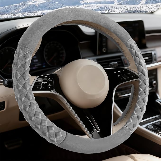 Premium Gray Diamond Patterned Plush Steering Wheel Cover, for Universal Auto Steering Wheel 14.5-15 in, Short Fluffy, Anti-Slip, Soft Plush, Comforting and Luxurious, Odorless, Soft Texture
