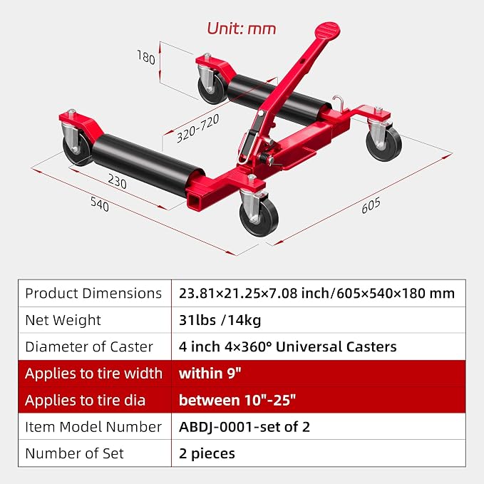 Car Dolly Jack Set of 2, Mechanical 1500-lbs Wheel Dolly, 9'' car Wheel Dolly Positioning Jack, Car Dollies for Vehicle Positioning & Auto Repair Moving, Red