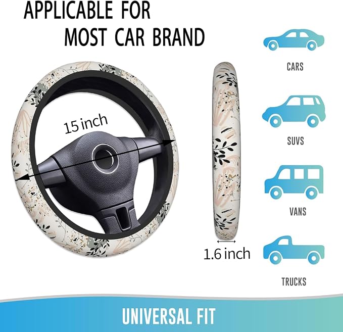 Elastic Steering Wheel Cover Car Accessories Cute Universal 15 Inch Absorbing Sweat Non-Slip Breathable for Man Woman - Boho Leaves