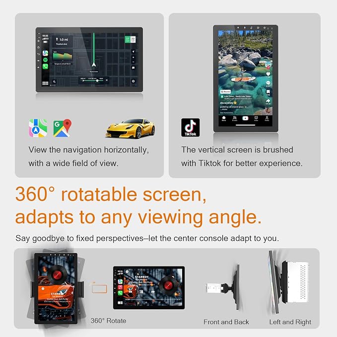 10.1 Inch Single Din 360° Rotatable Car Stereo,Support Wireless CarPlay and Android Auto,with 1080P Rear Camera,Mirror Link|Bluetooth|Music Play|AUX|FM/AM|SWC|RDS,Single DIN Car Stereo Radio
