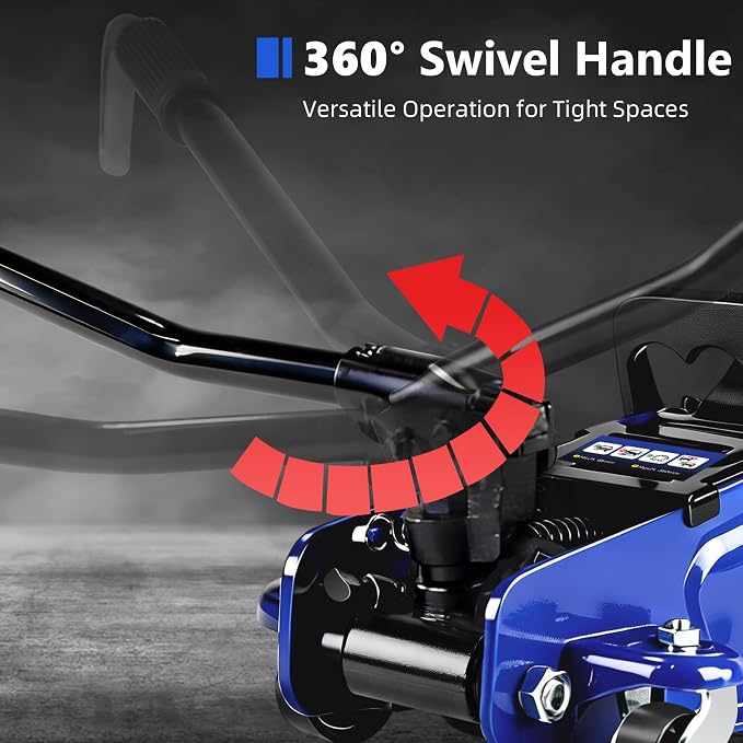 2.5T Floor Jack, 5500 lbs, 3.35"-14.96" Lift, Tire Kit, Pads & Bag | Steel jack, 3.35"-14.96" lift. 360° swivel handle, rear casters. Includes tire kit, 2 rubber pads & bag.