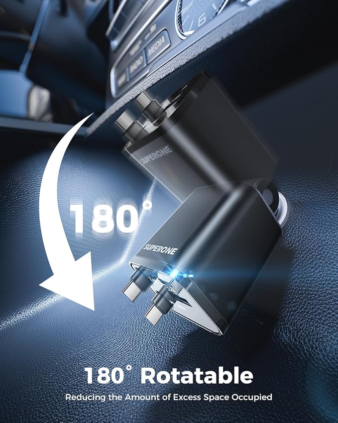 Retractable USB C Car Charger, Phone Car Charger Fast Charging with Dual Type C Cable, Car Accessories Small USBC Car Adapter