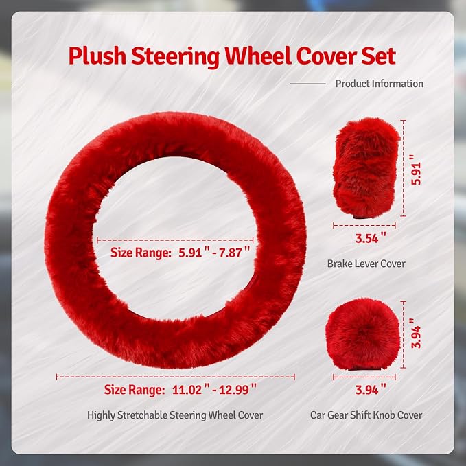 Fluffy Steering Wheel Cover 3PCS Set – Plush Fuzzy Fur Steering Wheel Cover with Gear Shift Cover & Handbrake Cover, Winter Warm Car Accessories, Car Interior Accessories for Women (RED)