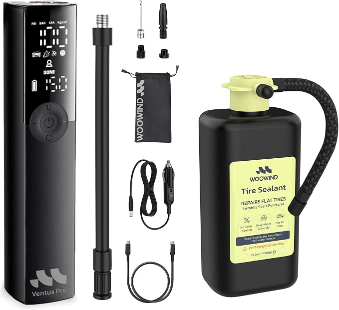 Portable Tire Inflator & Sealant Combo by – 150 PSI Fast Air Compressor + Emergency Flat Repair for Car, SUV, Bike. Cordless & 12V Power, Auto Shut-Off, LED Light (Ventus pro + Tire sealant)
