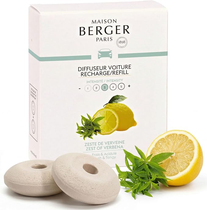 Car Diffuser Refill Set, Zest of Verbena | Lime Verbena Mint Notes, 2 Ceramic Inserts, Fits Vent Clips, 4-Week Diffusion, Made in France