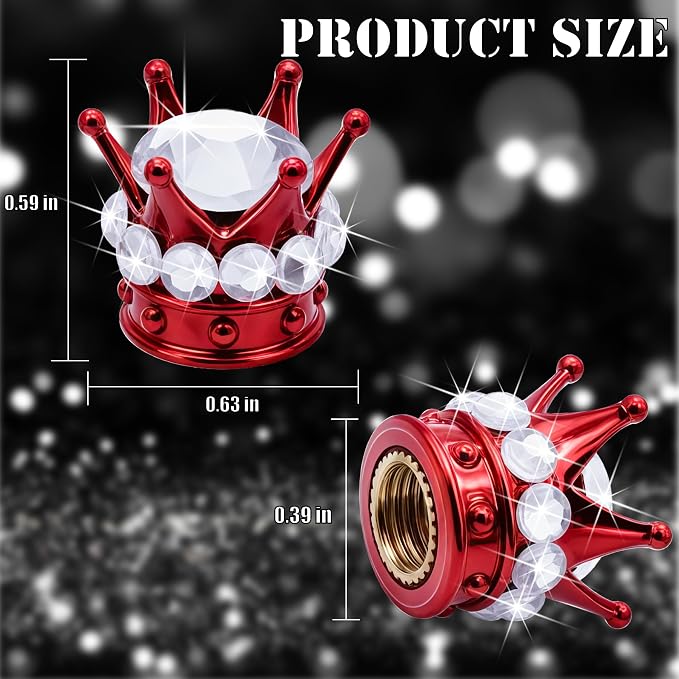4PCS Crown Bling Tire Stem Valve Caps, Crystal Diamond Car Wheel Tire Valve Caps Universal Copper Core Stem Covers for Cars, SUV, Trucks, Bikes, Motorcycles, Bicycles (Red & Silver)