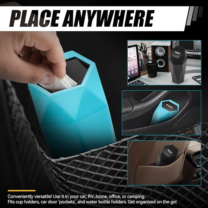 Car Trash Can with Lid, Blue Black Car Garbage Can Cup Holder for Interior, 2 Pack Mini Leakproof Garbage Can with 30Pcs Trash Bags, Multipurpose Storage Organizer for Vehicle Home Office