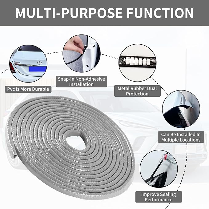 Car Door Edge Guards, 16Ft Rubber Seal Car Door Edge Trim, U Shape Door Edge Protector Guard, Aluminum Weather Proofing Automotive Door Edge Molding Protection for Most Car (Gray, 16Ft)