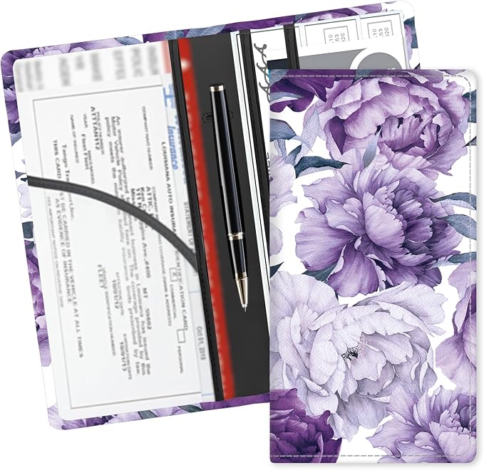 Leather Car Registration and Insurance Card Holder, Cute Car Accessories Vehicle Glove Box Car Organizer for Documents, Cards, License Cute Purple Flowers