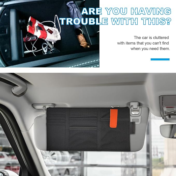 Car Sun Visor Organizer, Auto Interior Visor Storage Pouch Holder with Zipper, Multi-Pocket Net Personal Belonging Organizer, Universal Car Accessory for Cards, Documents (Black)