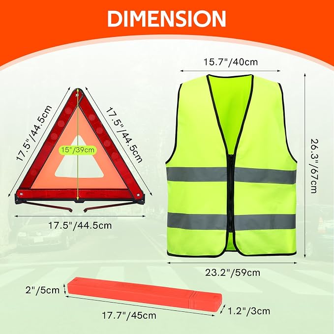 2 Pack Emergency Warning Triangle and Reflective Safety Vest Set – Foldable Reflective Roadside Triangles, Essential Car Emergency Kit for Vehicle Breakdowns and Road Safety