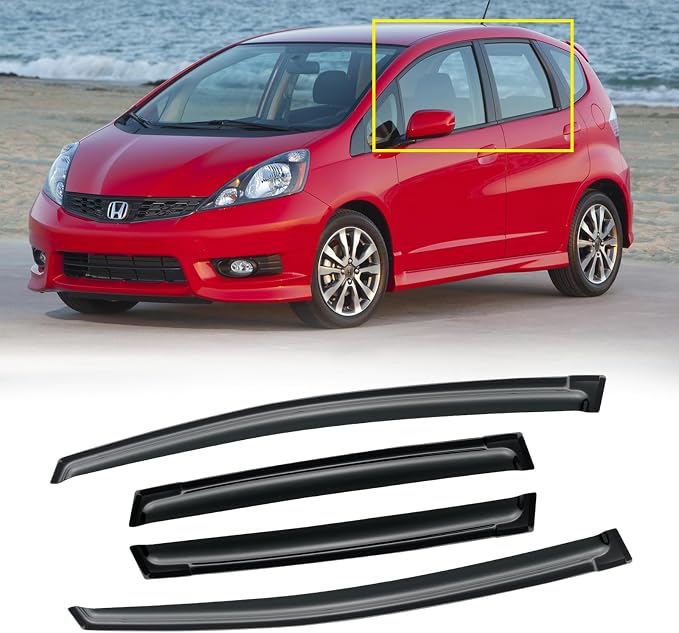 Window Visor for Honda Fit 2009-2014, Out-Channel Rain Guards Shields Vent Deflector Shade Wind Dark Smoke 2010 2011 2012 2013, Tape-On Outside-Mount, 4PCS