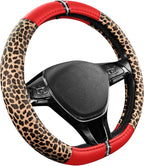 Leopard Steering Wheel Cover for Women, Cute Anti-Slip Microfiber Leather, Fits D Shape Flat Bottom Steering Wheel 14.5-15 Inch - Red