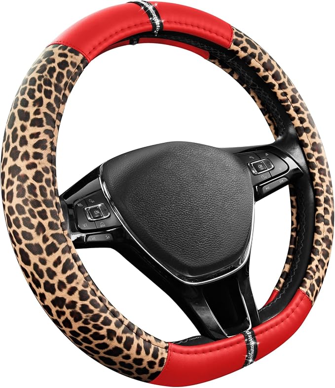 Leopard Steering Wheel Cover for Women, Cute Anti-Slip Microfiber Leather, Fits D Shape Flat Bottom Steering Wheel 14.5-15 Inch - Red