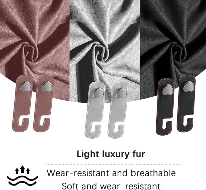 2PCS Car Seat Headrest Hook, Suede Leather Heart Hanger, Brown | 1.77x6.42 Inch, Universal fit, most Sedans/SUVs/Trucks, alloy core, half-open mount, interior accessories