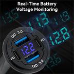 12V USB Outlet 4-Port, 78W Dual PD30W & QC3.0 Fast Charger, Waterproof Aluminum Alloy 12v Power Outlet with Blue Voltmeter for Cars RVs Boats Golf Carts Trucks Motorcycles