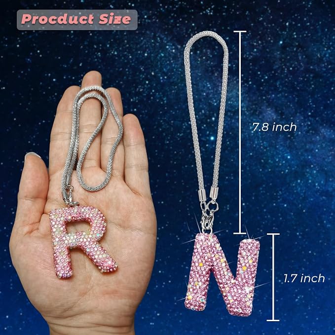 Bling Pink Car Accessories for Women Letter Charm, Rainbow Color Rear View Mirror Cute Crystal Pendant Car Decorations, Lucky Gifts Diamond Rhinestone Charm Letter N