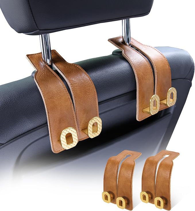 Car Headrest Hooks Universal Car Purse Hook Premium Leather and Alloy Twin Hook Car Seat Back Storage Hanger Hook for Purse Bags Cloth Drink Durable Holder Car Accessories (BH09-Brown-Gold)