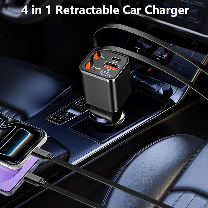 [Apple MFi Certified] Retractable Car Charger, 120W USB C Car Charger Dynamic Power Adapter 4 in 1 PD/QC Type C Fast Charging Cigarette Lighter for iPhone 17/17 Pro Max/16 Pro/15/Galaxy/Pixel