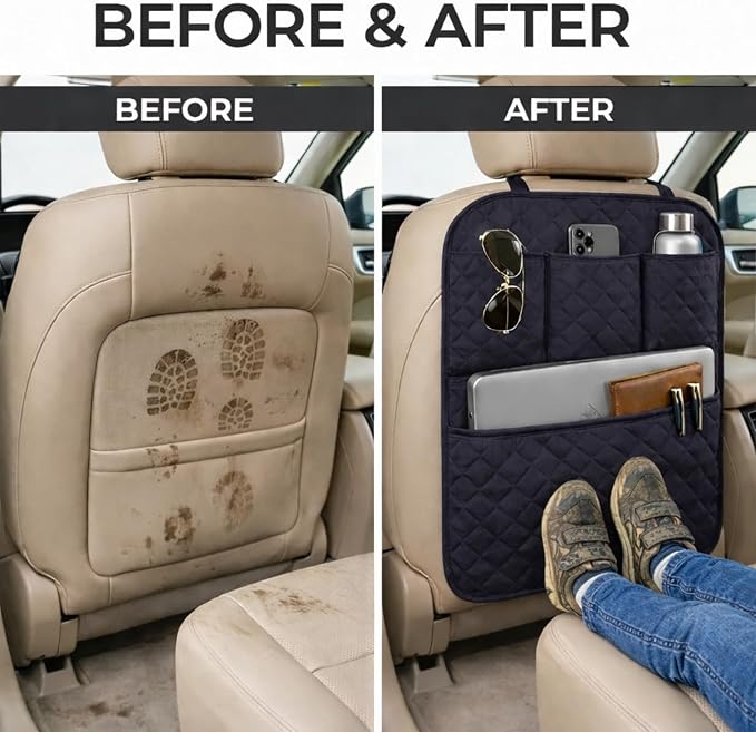2 Pack Car Back Seat Cover 3 Pocket + 1 XLarge Pocket Organizer Protector from Dirt Scratches Mud Fit All Automotive Model Waterproof Durable Preventing the Impact of Children Kick 17"x25"