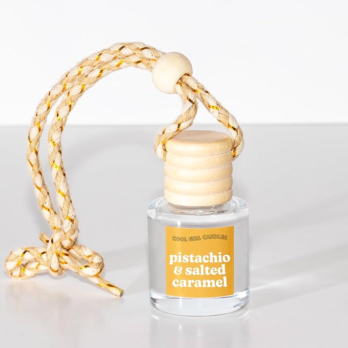 COOLGIRLCANDLES Pistachio Salted Caramel Hanging Car Air Freshener and Essential Oil Diffuser - Automobile Aromatherapy Diffuser Bottle