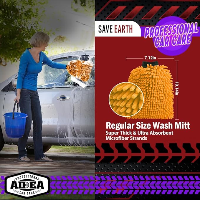 AIDEA Car Wash Mitt Microfiber, 2PK, Car Wash Brush, 7.12' X10.14'' | Scratch Free Lint-Free, Premium Chenille Microfiber Mitt, Cleaning Supplies, Regular Size, Orange