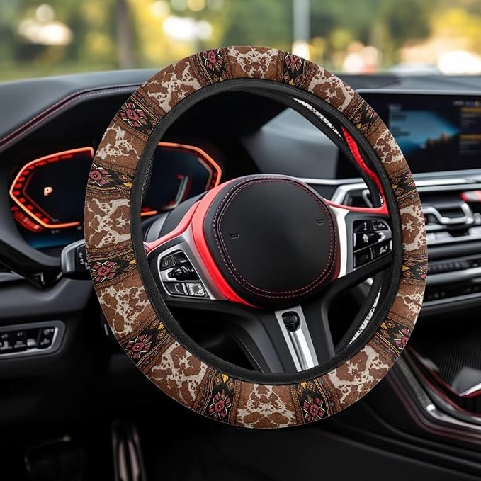 Auto Steering Wheel Cover Universal Stretch 15 Inch Anti-Slip Neoprene Car Steering Wheel Protector for Women Men, Aztec Brown Beige Cow Print