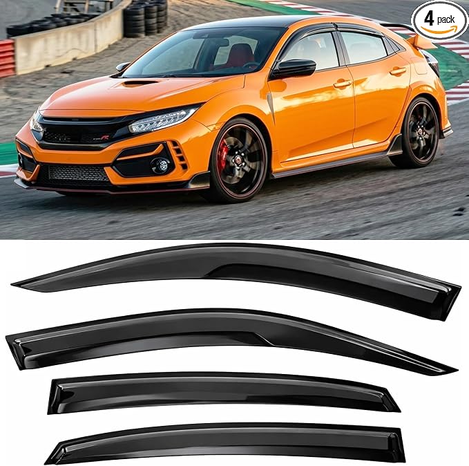 2016-2021 Tape-On Rain Guards for Honda Civic Hatchback Side Window Visor Deflectors 10th Gen HB Type-R EX EX-L LX Sport Touring 3D Wavy JDM Style Vent Shades