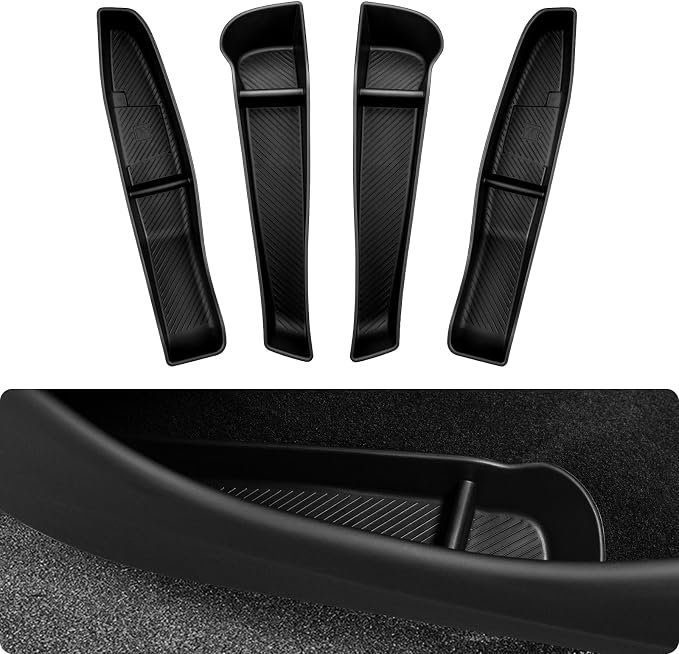 2026 2025 Tesla Model Y Juniper Door Side Storage Box, (Emergency Button Safety) Door Side Pocket Organizer Tray, Waterproof TPE Front & Rear Slot Pocket Liners for Model Y Juniper Model Y L