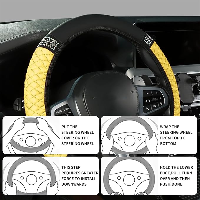 Bling Car Steering Wheel Cover, 15 Inch Rhinestones Soft Leather Elastic Steering Wheel Protector, Sparkly Crystal Diamond for Women, Car Interior Accessories for Most Cars (Yellow)