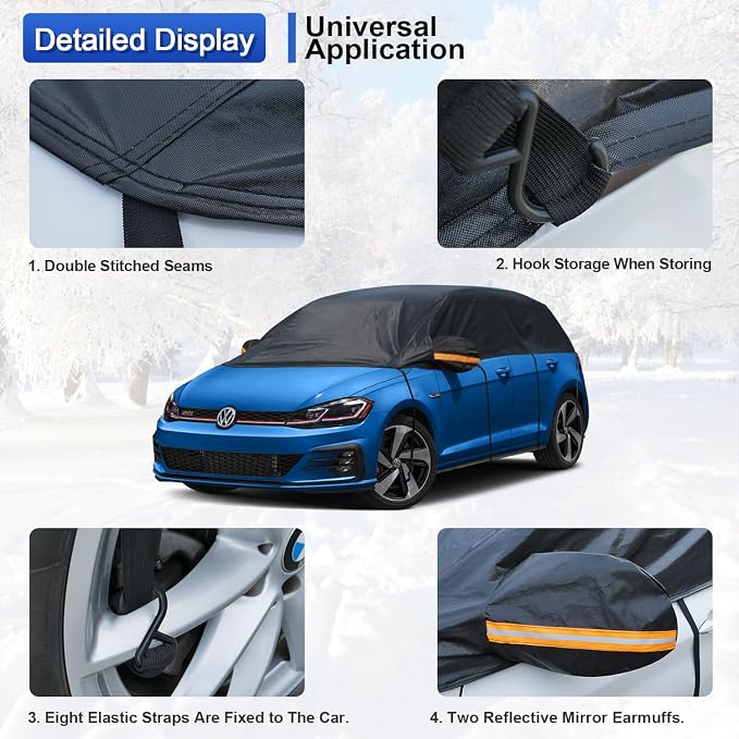 Half Car Cover, Windshield Cover for Ice and Snow Top with Reflective Straps, Roof Cover Waterproof All Weather Dust, Sun Protection. Front Rear Window Cover Fit Hatchback. 2L (UP to 133'')
