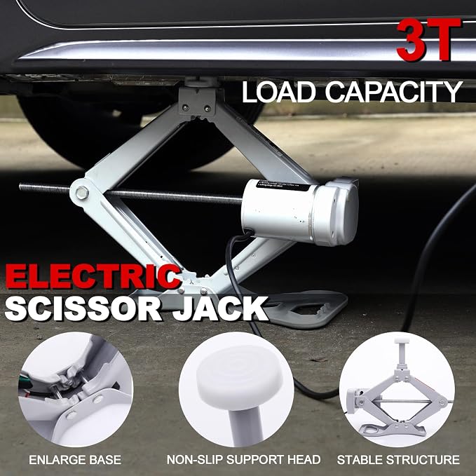 Electric Car Jack Kit 12V Trailer Floor Jack Stands Set 3 Ton Vehicle Scissor Car Lift for Tire Change and Road Emergency with Impact Wrench