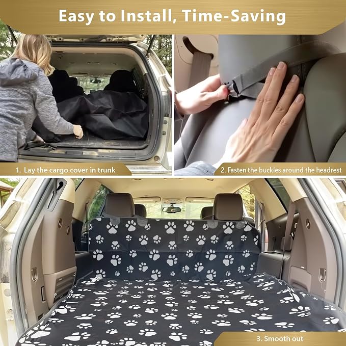 SUV Cargo Liner for Dogs, Water Resistant Pet Cargo Cover Dog Seat Cover Mat for SUVs Sedans Vans with Bumper Flap Protector, Non-Slip, Large Size Universal Fit, Paw Print
