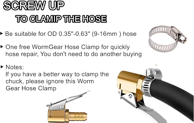 Tire Air Chuck Adapter with Clip,1/4" Brass American Type Thread Pump Nozzle，Locking Tire Inflator Adapter Connect, Air Compressor Tire Chuck Hose End with Barb Connector for Hose Repair 1PC