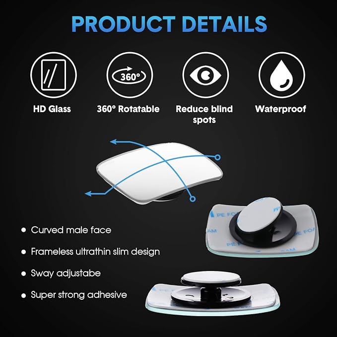 8 Pcs Blind Spot Car Mirror 360 Degree Adjustabe Glass Traffic Safety Rear View Mirror Convex Spot Frameless Adjustable Self Adhesive Angle for Larger Image Exterior Accessories (Rectangle)