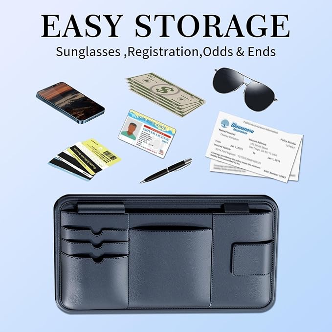 Car Visor Organizer, Premium Leather Sunglasses & Card Holder for Cars, Registration/Insurance Slot, Credit Card Pockets, Organizer for Car Sun Visor (Black Leather)