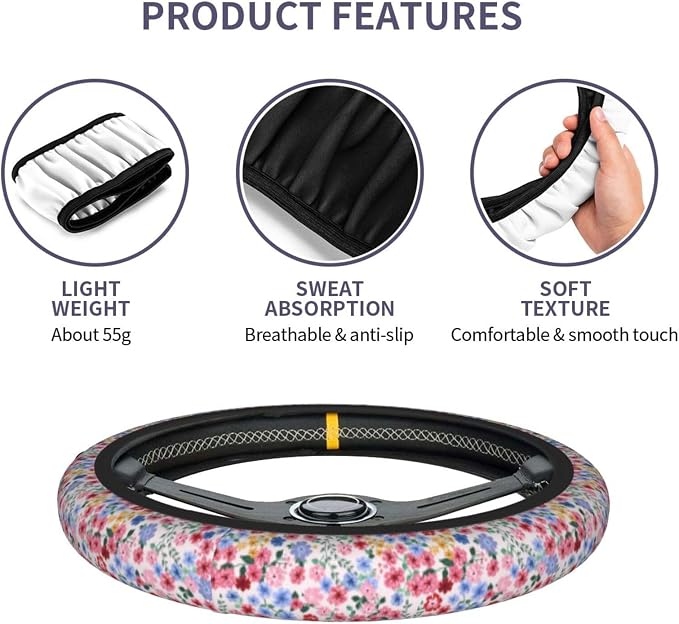 Millefleurs Different Flowers Pink Steering Wheel Cover Car Accessories Cute for Women Girls Girly Universal 15 Inch Neoprene Auto Interior Decor Anti Slip Car Truck Protector