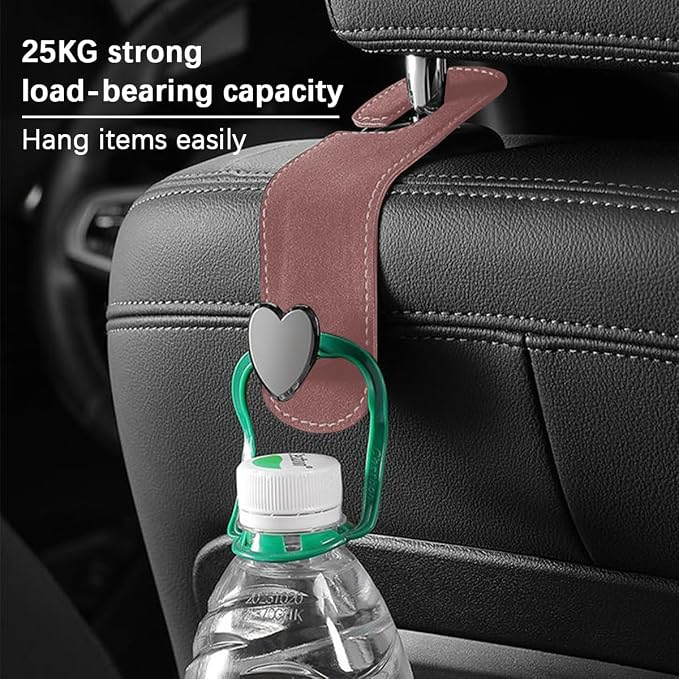 2PCS Car Seat Headrest Hook, Suede Leather Heart Hanger, Brown | 1.77x6.42 Inch, Universal fit, most Sedans/SUVs/Trucks, alloy core, half-open mount, interior accessories