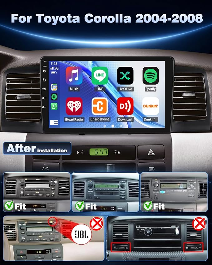 4+64G Upgrade Car Stereo Radio for Toyota Corolla 2004-2008 Wireless CarPlay Android Auto 9 Inch Touch Screen Radio Replacement with HiFi Audio 5G WiFi GPS BT5.0 RDS FM