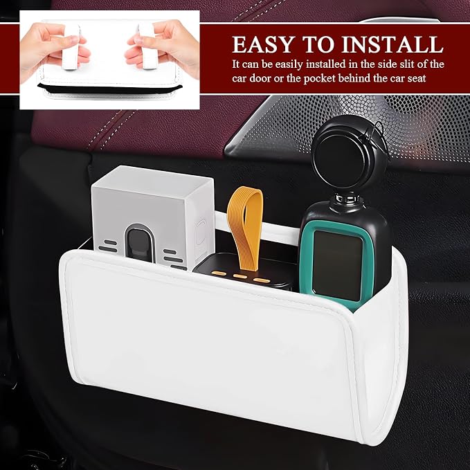 Car Trash Can, Leather Waterproof Automotive Garbage Can with Trash Bag, Hanging Mini Vehicle Trash Bin, Small Auto Door Organizer Storage Pouch, Universal Car Accessories (White)