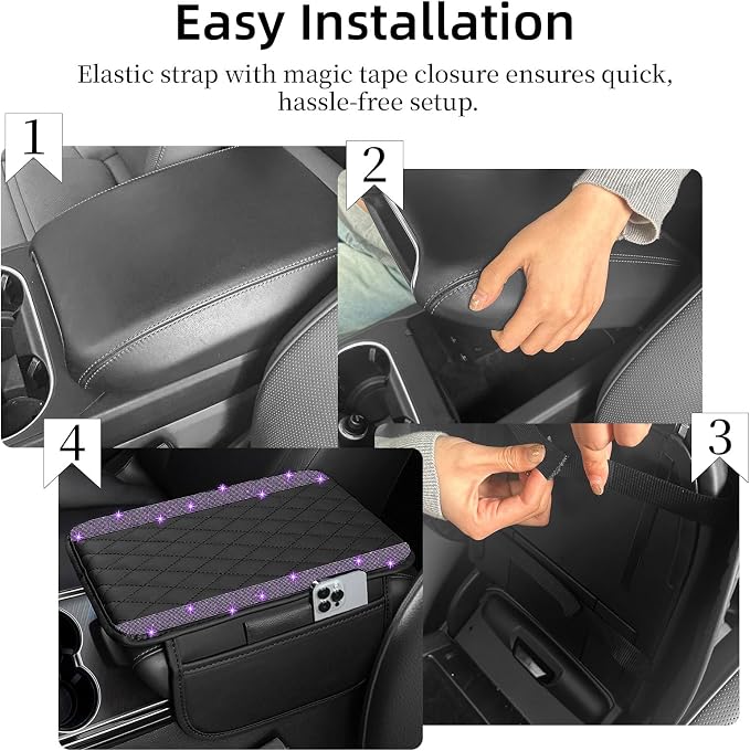 Bling Car Center Console Cover, Leather Car Arm Rest Cover Cushion with 2 Storage Bags, Universal Auto Armrest Protector Storage Box, Bling Accessories Interior for Most Vehicles (Purple)
