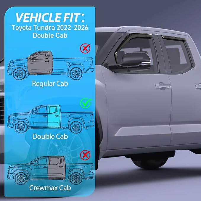 Side Window Deflectors for Toyota Tundra 2022 2023 2024 2025 2026 Double Cab Window Visors Rain Guards, Vent Shade for Fresh Air, Rain & Snow Protection, Wind Noise Reduction-4PCS