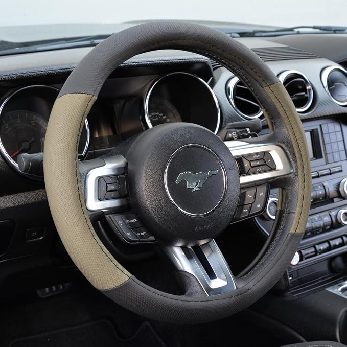 Two Tone Perforated PU Leather Steering Wheel Cover for Car Van SUV Truck, 14.5 to 15 inch, Standard, Beige